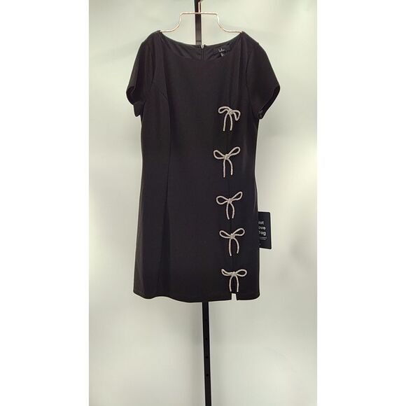 Lulus Endearing Sparkle Rhinestone Bow Mini Dress Black Basic Sleeveless L - Picture 2 of 3
